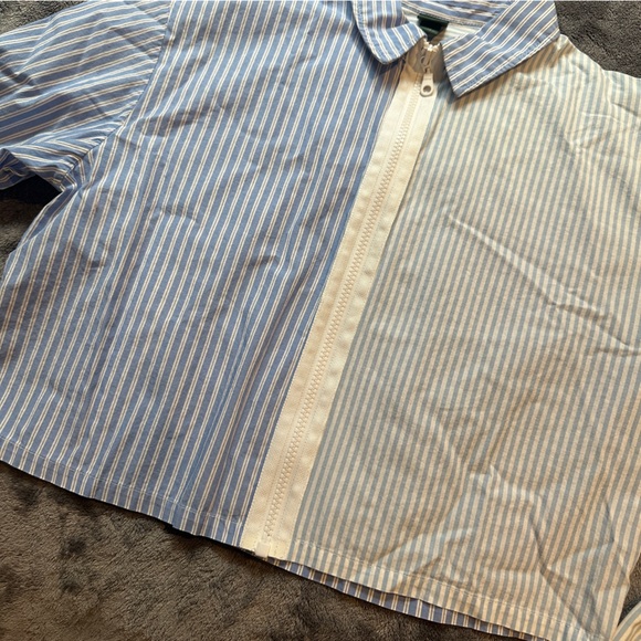 Preppy Striped Boxy Cropped Top Blue & White Collared Long Sleeve XS Mod Office - Picture 3 of 5
